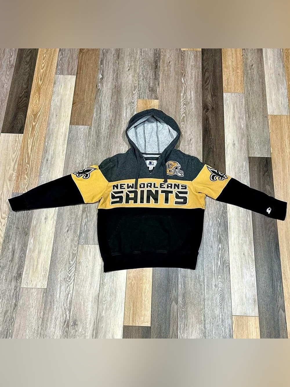STARTER New Orleans Saints Black Gold Gray Pullover Hoodie